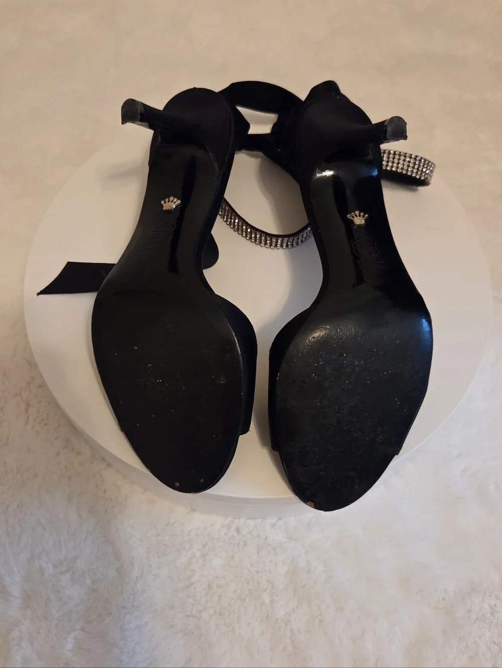Nina Black Satin Open-Toe Stiletto with Rhinestine Ankle Ribbon. 3.5 Inch Heel.